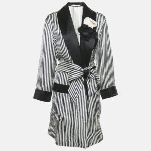 lanvin navy black/white stripe satin floral applique coat m