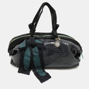 Lanvin Blue/Black Croc Embossed Leather and Satin Top Zip Satchel