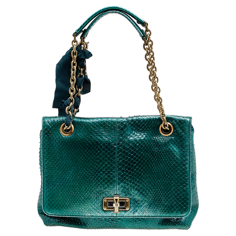 luxury-women-lanvin-used-handbags-p541485-011-2 Lanvin Metallic Sea Green Python Leather Happy Shoulder Bag