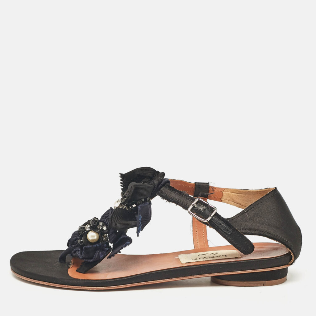 luxury-women-lanvin-used-shoes-p1088301-010 Lanvin Black Satin Crystals Embellished Flat Sandals Size 37
