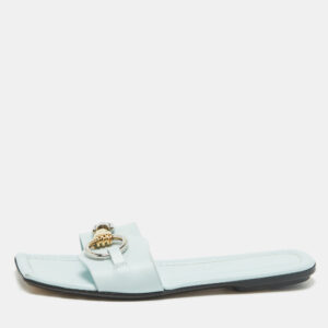 Lanvin Blue Leather Embellished Flat Slides Size 38