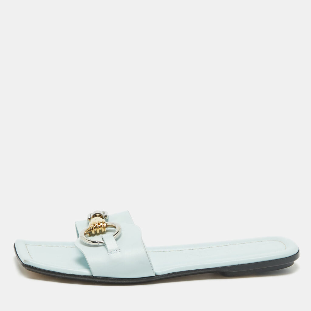 luxury-women-lanvin-used-shoes-p1096231-001 Lanvin Blue Leather Embellished Flat Slides Size 38