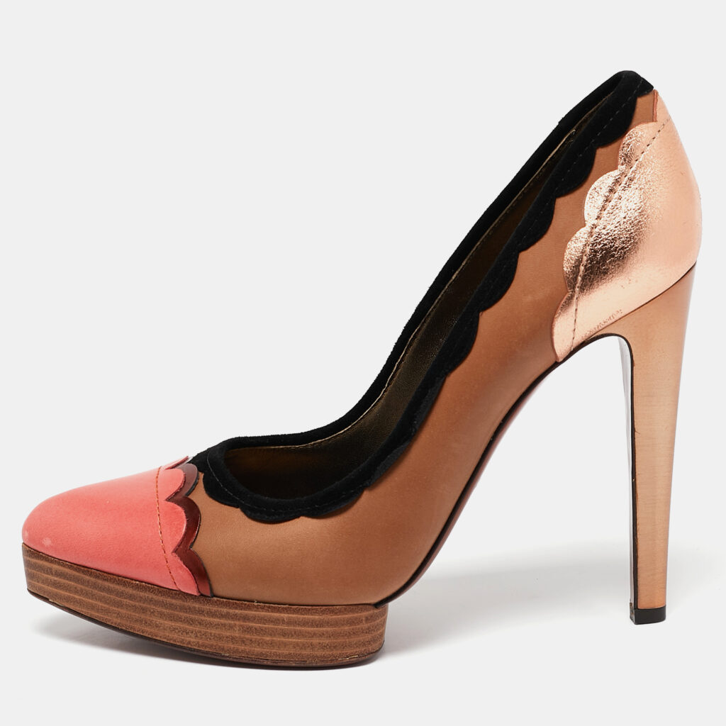 luxury-women-lanvin-used-shoes-p1111449-010 Lanvin Multicolor Leather Scalloped Pointed Toe Platform Pumps Size 38