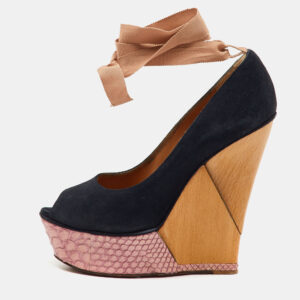 Lanvin Navy Blue/Pink  Suede and Snakeskin Ankle Wrap Platform Wedge Pumps Size 38