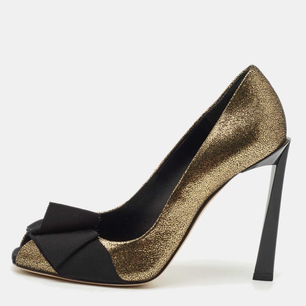 luxury-women-lanvin-used-shoes-p1170178-003 Lanvin Gold/Black Fabric and Leather Bow Peep Toe Pumps Size 36.5