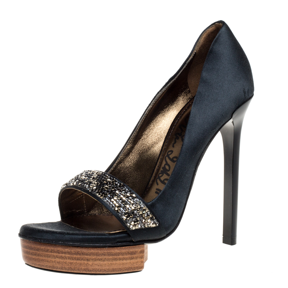 luxury-women-lanvin-used-shoes-p357900-005 Lanvin Dark Green Satin Crystal Embellished Open Toe Platform Pumps Size 36