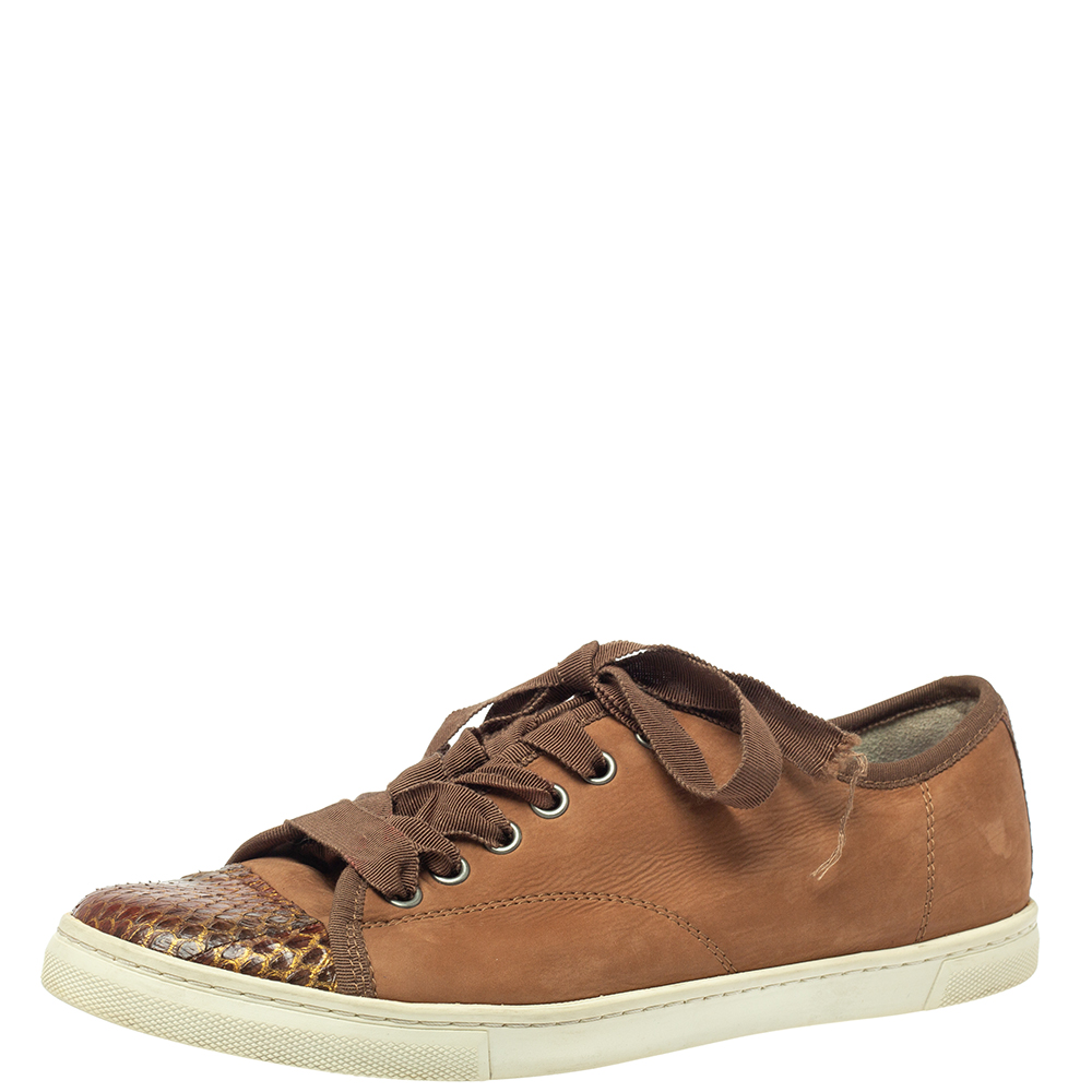 Lanvin Brown Nubuck Leather And Glitter Python Cap Toe Sneakers Size 39.5