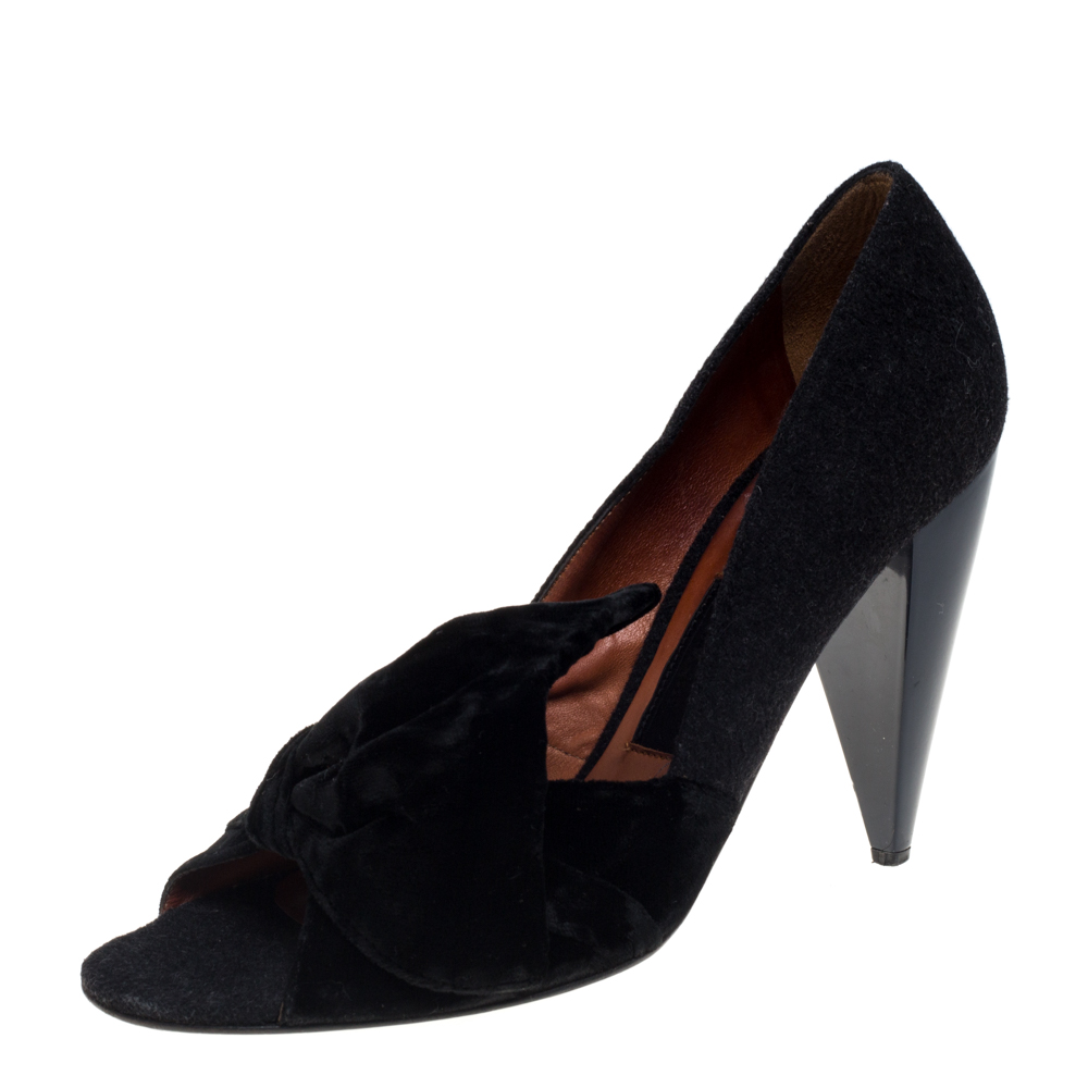 luxury-women-lanvin-used-shoes-p396530-006 Lanvin Black Felt And Velvet Bow Embellished Open Toe Pumps Size 40