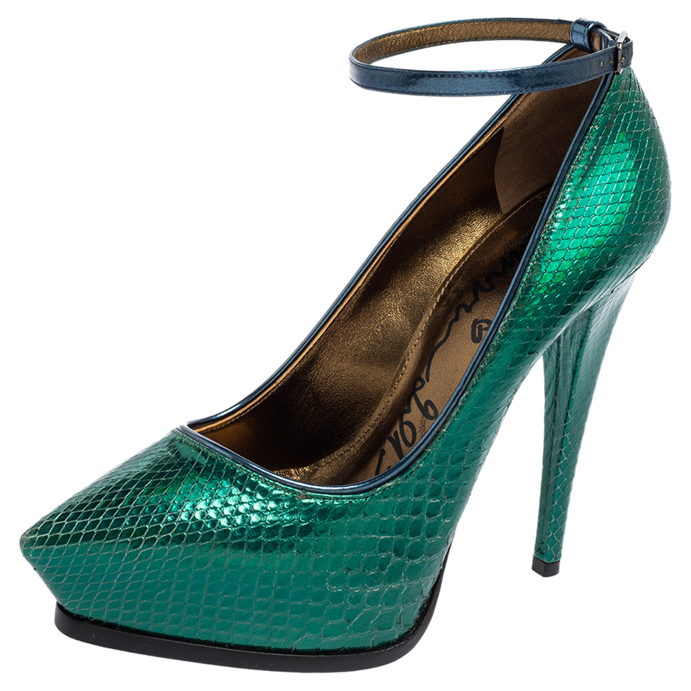 luxury-women-lanvin-used-shoes-p560171-004-2 Lanvin Green/Blue Snakeskin Leather Pointed-Toe Ankle-Strap Pumps Size 38