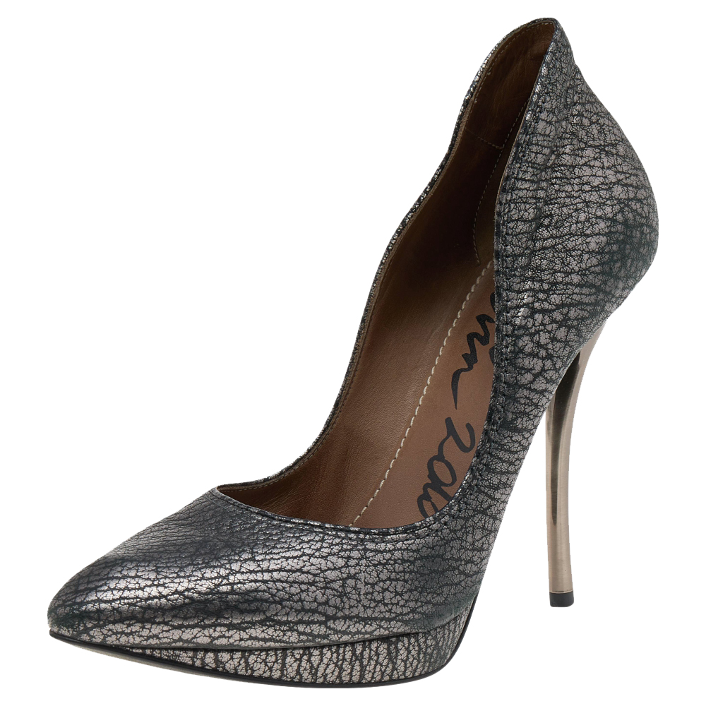 luxury-women-lanvin-used-shoes-p560350-006-1 Lanvin Metallic Silver Leather Pointed Toe Platform Pumps Size 37
