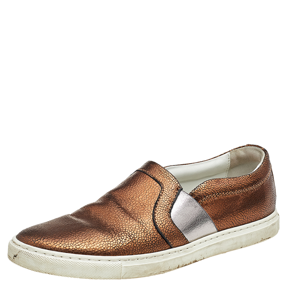 luxury-women-lanvin-used-shoes-p568314-004-2 Lanvin Metallic Bronze Texture Leather Slip On Sneakers Size 38