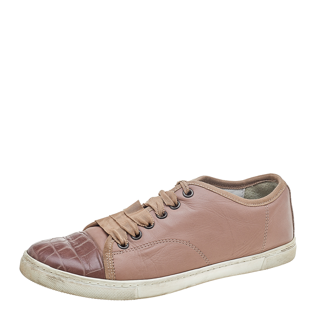 luxury-women-lanvin-used-shoes-p601893-007-1 Lanvin Pink Croc Embossed and Leather Low Top Sneakers Size 37