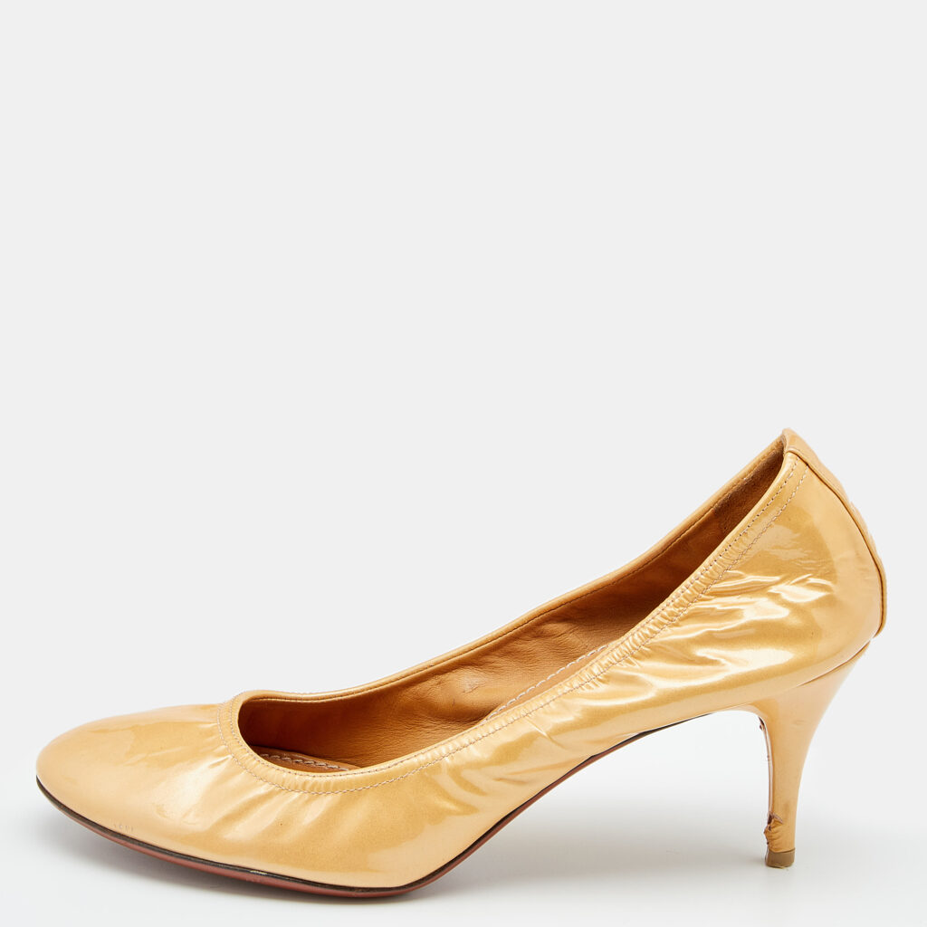 luxury-women-lanvin-used-shoes-p625916-001-2 Lanvin Beige Patent Leather Scrunch Pumps Size 38