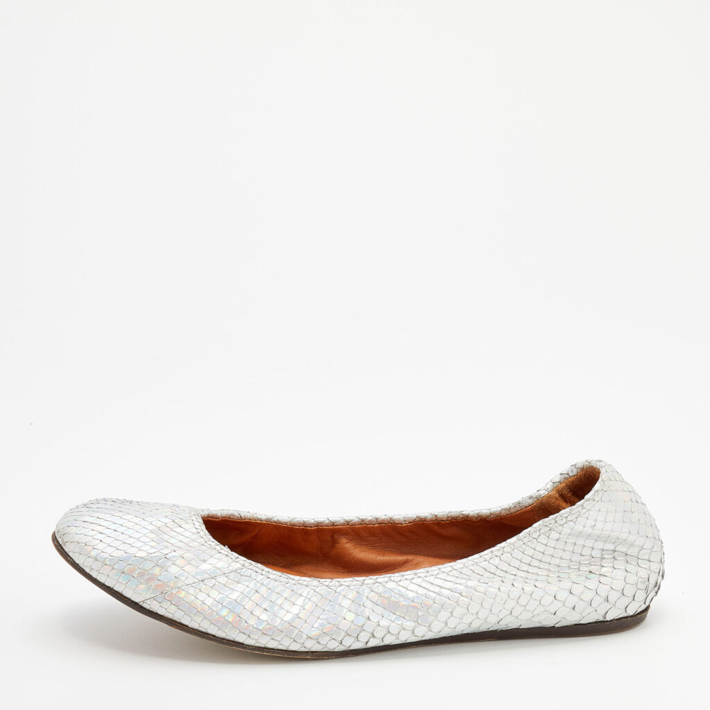 luxury-women-lanvin-used-shoes-p670075-002-1 Lanvin Silver Snakeskin Embossed Leather Ballet Flats Size 38