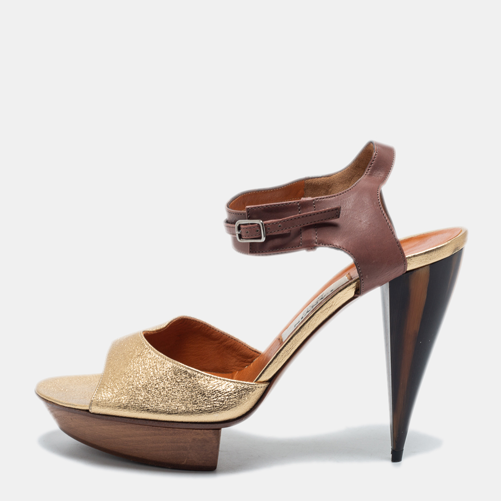 Lanvin Gold/Brown Leather Ankle Strap Sandals Size 40