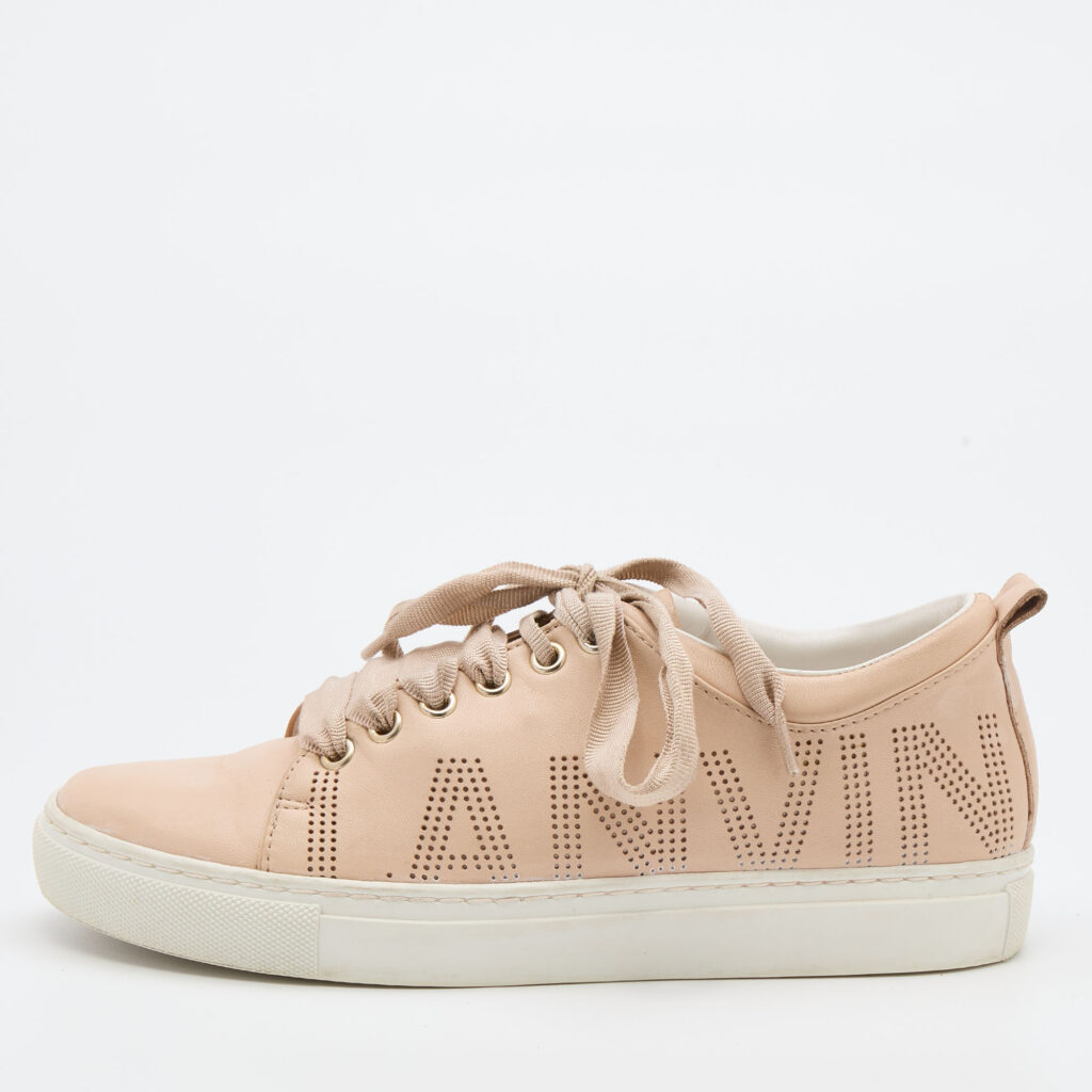 luxury-women-lanvin-used-shoes-p734854-002 Lanvin Beige Leather Perforated Logo Low Top Sneakers Size 37
