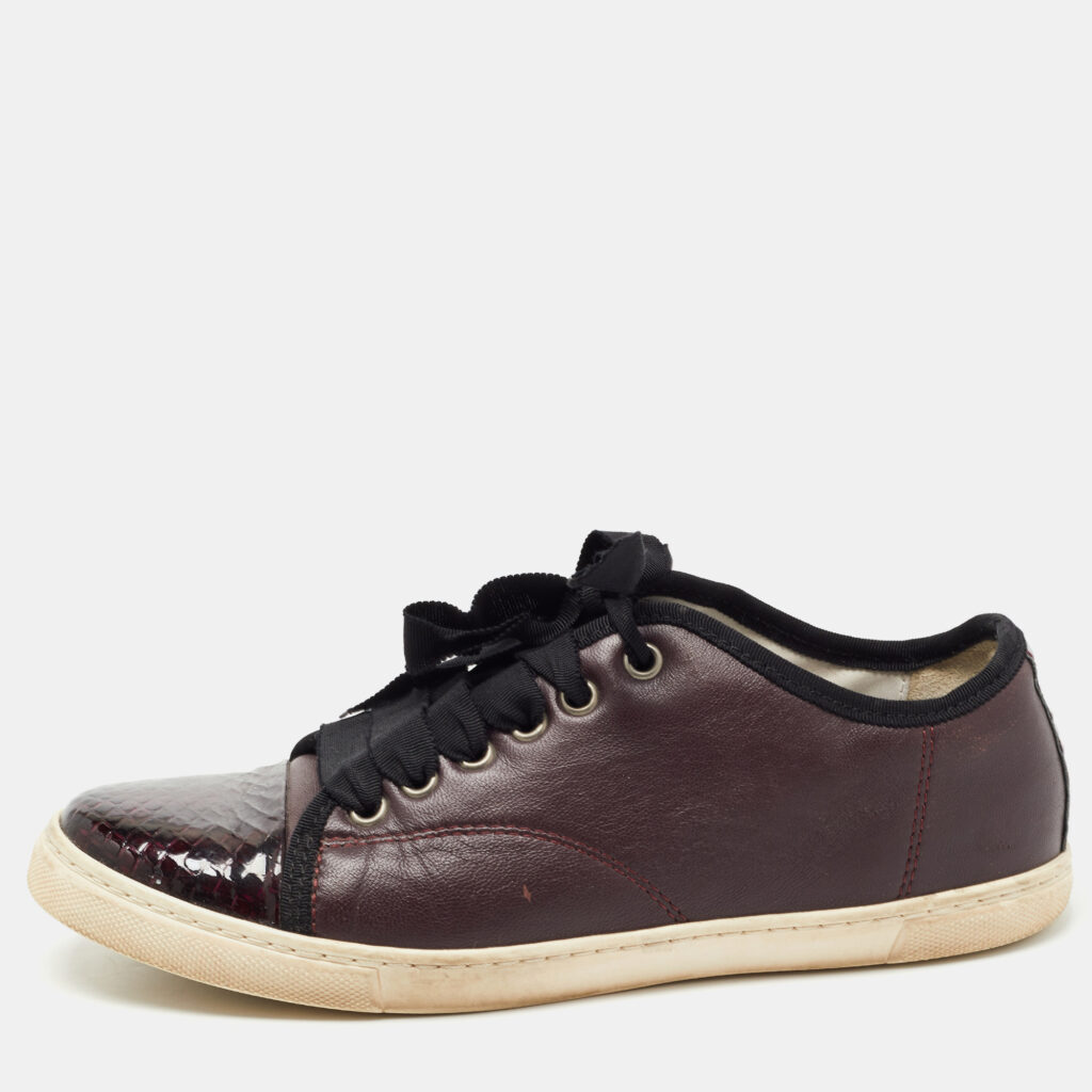 luxury-women-lanvin-used-shoes-p788799-009 Lanvin Burgundy Leather and Embossed Python Cap Toe Low Top Sneakers Size 37