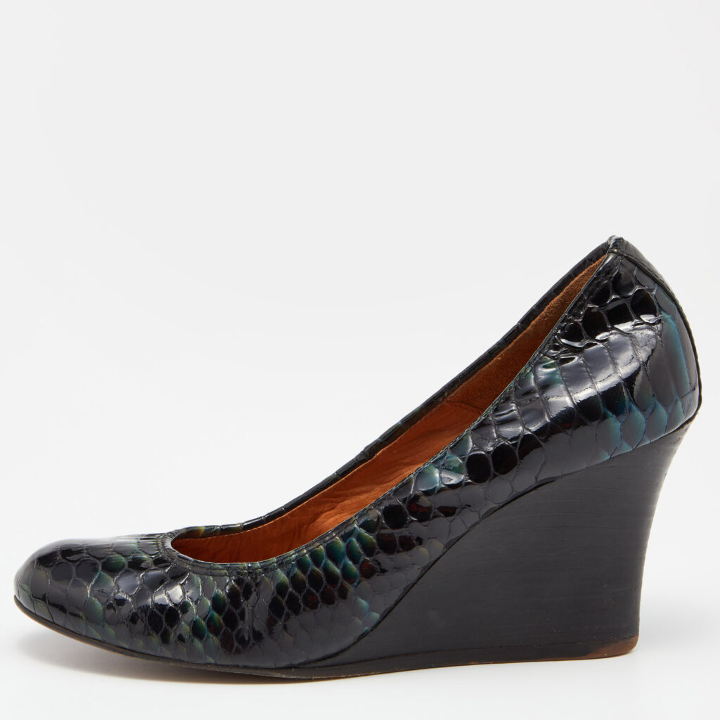 luxury-women-lanvin-used-shoes-p803013-002 Lanvin Green Python Embossed Leather Wedge Pumps Size 37