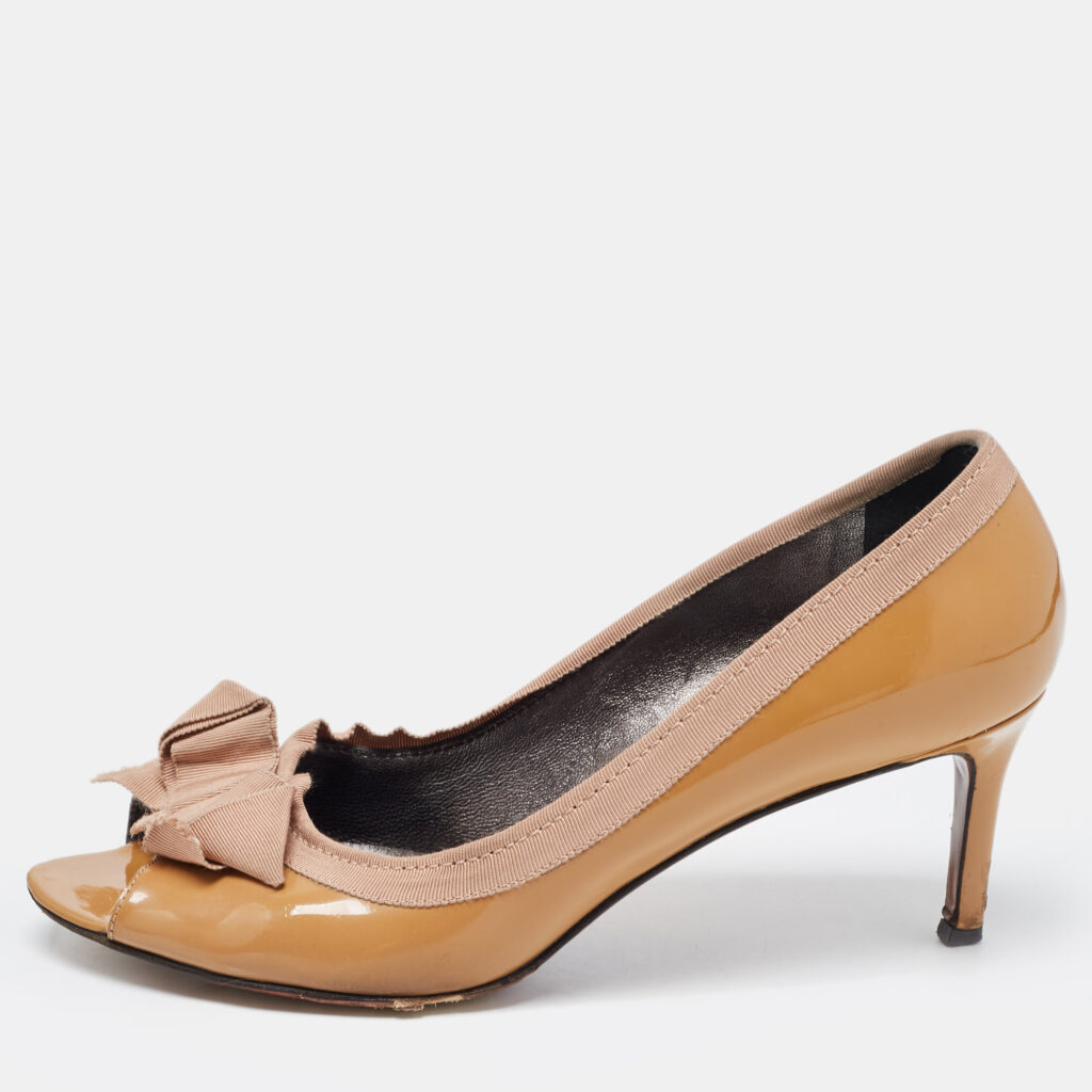 luxury-women-lanvin-used-shoes-p837589-001 Lanvin Brown Patent Leather And Fabric Grosgrain Bow Peep Toe Pumps Size 41