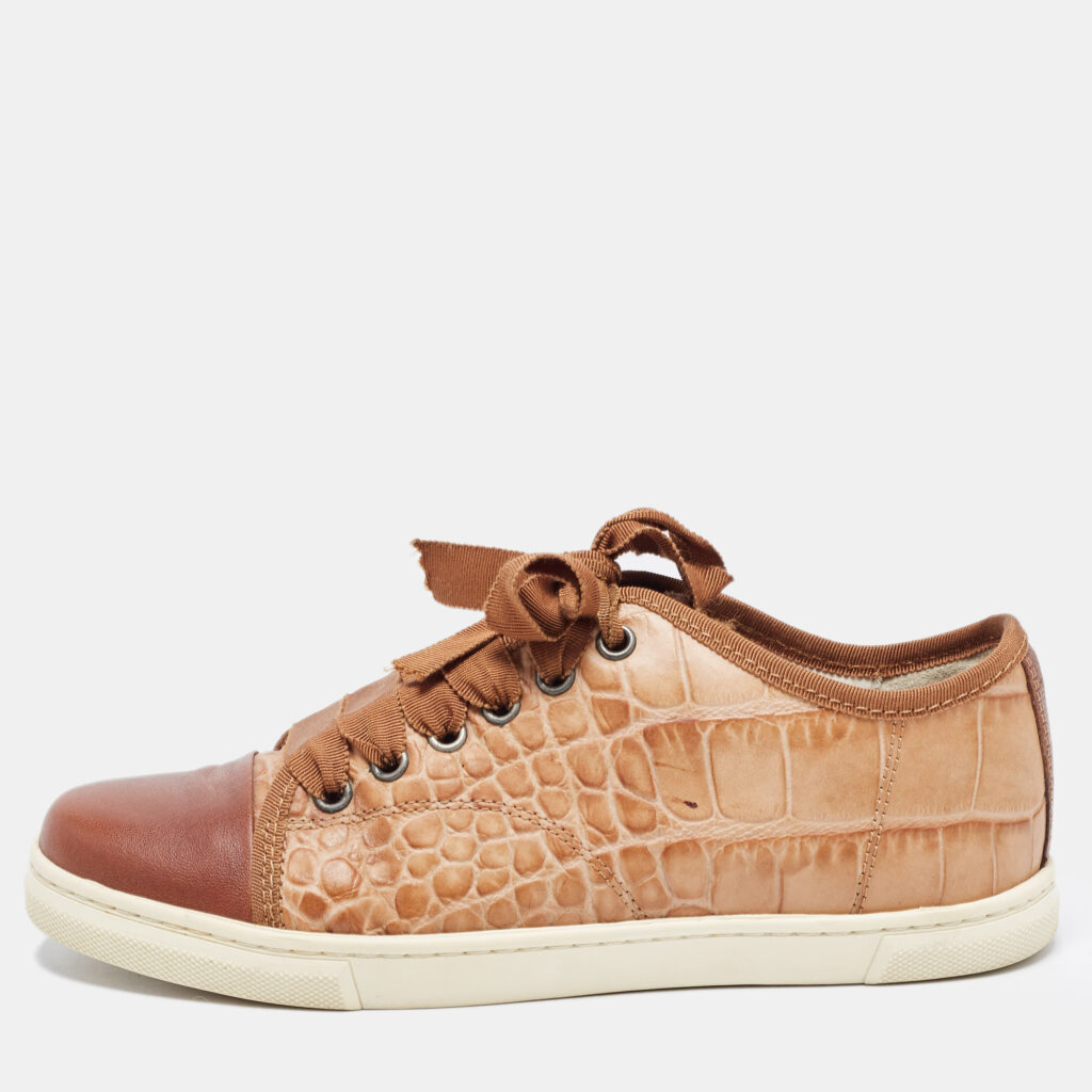 luxury-women-lanvin-used-shoes-p870524-001 Lanvin Brown Croc Embossed Leather Lace Up Low Top Sneakers Size 36