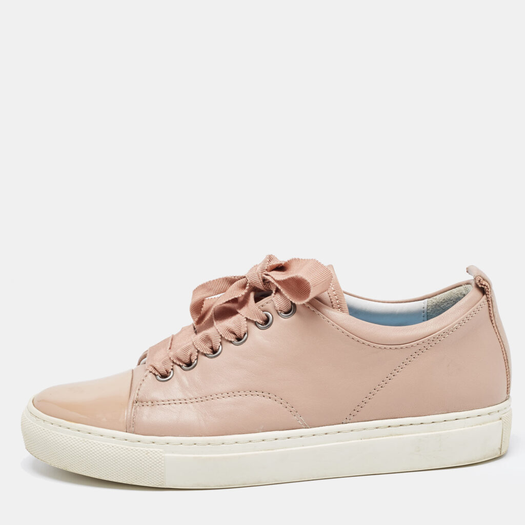 luxury-women-lanvin-used-shoes-p873410-001 Lanvin Dusty Pink Leather and Patent Cap Toe Low Top Sneakers Size 36