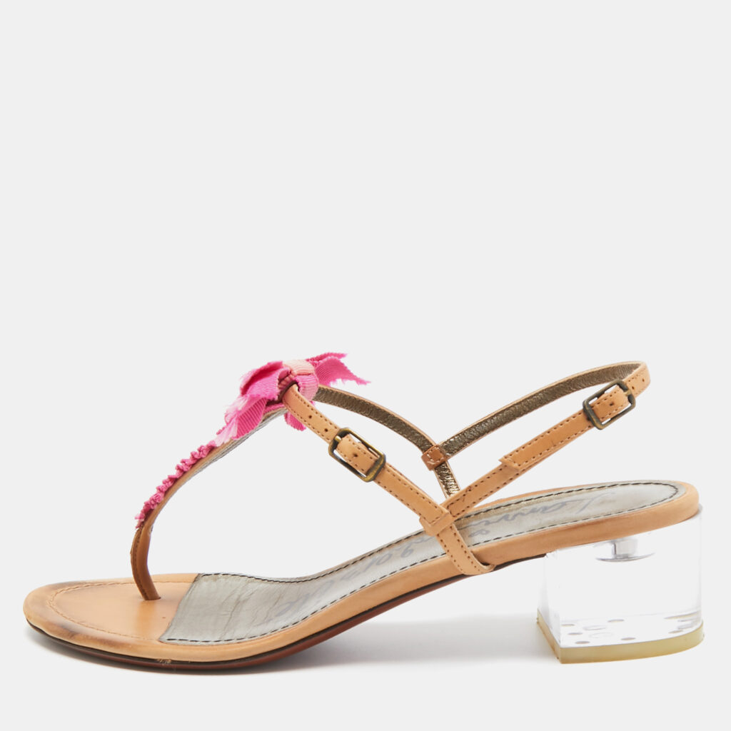 luxury-women-lanvin-used-shoes-p948156-003 Lanvin Light Brown/Pink Leather and Fabric Bow Thong Ankle Strap Sandals Size 37