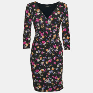 Lauren Ralph Lauren Navy Blue Floral Print Jersey Draped Mini Dress M