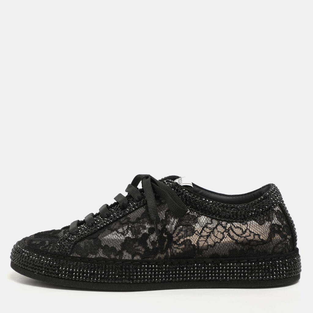luxury-women-le-silla-new-shoes-p1145943-007 Le Silla Black Lace and Mesh Rhinestone Low Top Sneakers Size 37.5