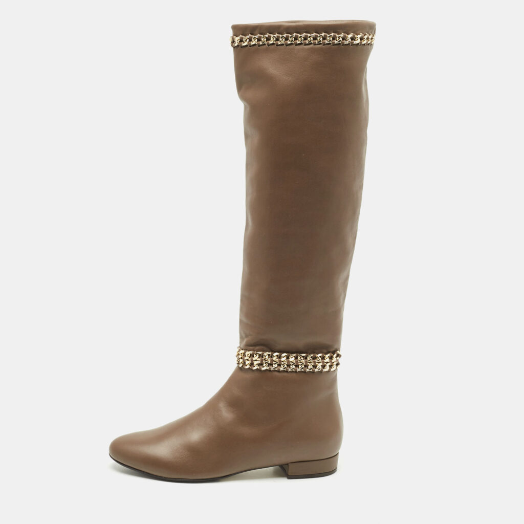 luxury-women-le-silla-new-shoes-p1170283-003 Le Silla Brown Leather Chain Detail Knee High Boots Size 37.5