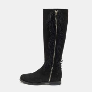 Le Silla Black Suede Fringe Trim Knee Length Boots Size 37.5