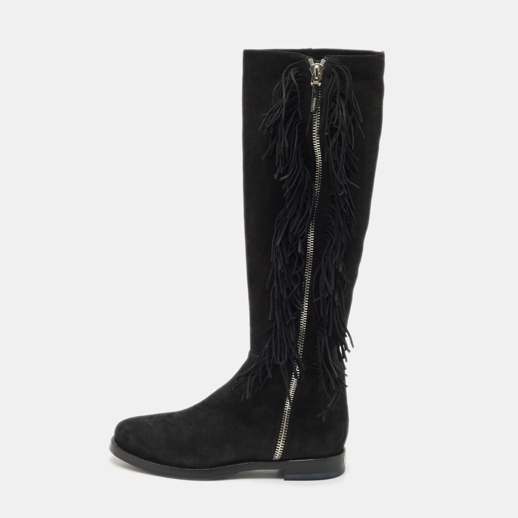 luxury-women-le-silla-new-shoes-p1170284-003 Le Silla Black Suede Fringe Trim Knee Length Boots Size 37.5