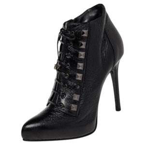 Le Silla Black Patent Leather Lace Up Studded  Ankle Booties Size 38.5