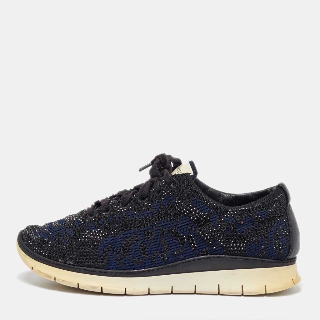 luxury-women-le-silla-used-shoes-p1022309-002 Le Silla Navy Blue/Black Knit Fabric and Leather Crystal Embellished Low Top Sneakers Size 42