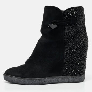 Le Silla Black Suede Crystal Embellished Wedge Ankle Length Boots Size 37