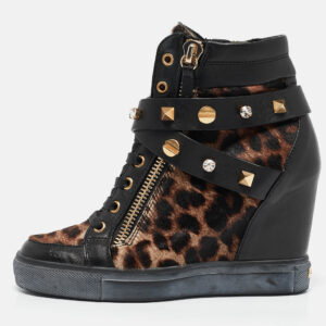 Le Silla Brown/Black Calf Leather and Leather Wedge Sneakers Size 36