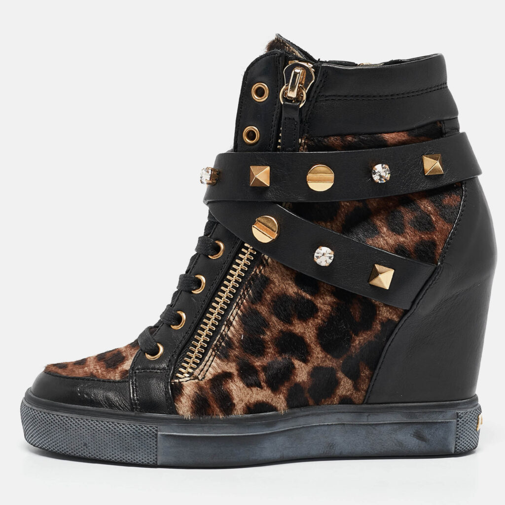 luxury-women-le-silla-used-shoes-p1110590-009 Le Silla Brown/Black Calf Leather and Leather Wedge Sneakers Size 36