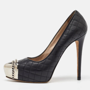 Le Silla Black Quilted Leather Metal Cap Toe Platform Pumps Size 38