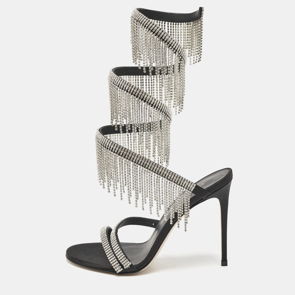luxury-women-le-silla-used-shoes-p1125275-010 Le Silla Black Satin Crystal Embellished Jewels Ankle Wrap Sandals Size 38