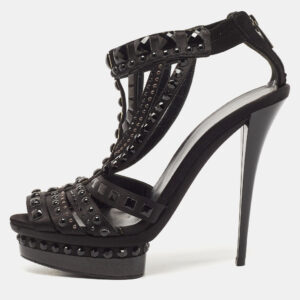 Le Silla Black Satin Crystal Embellished Platform Sandals Size 38