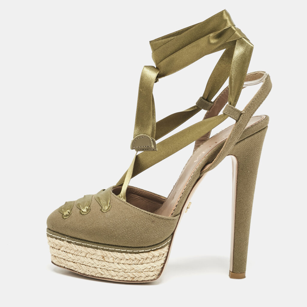 luxury-women-le-silla-used-shoes-p1140408-009 Le Silla Green Canvas Platform Ankle Tie Pumps Size 36