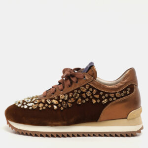 Le Silla Bronze Leather and Velvet Crystal Embellished Low Top Sneakers Size 36