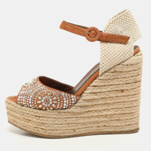 Le Silla Brown/Beige Canvas and Suede Crystal Embellished Wedge Sandals Size 37