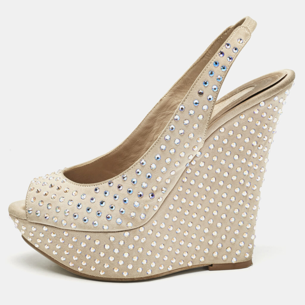 luxury-women-le-silla-used-shoes-p1153342-007 Le Silla Beige Suede Crystal Embellished Wedge Sandals Size 38