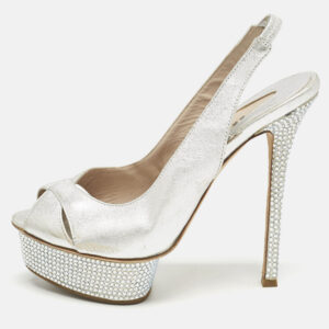 Le Silla Metallic Silver Leather Crystal Embellished Platform Slingback Sandals Size 36
