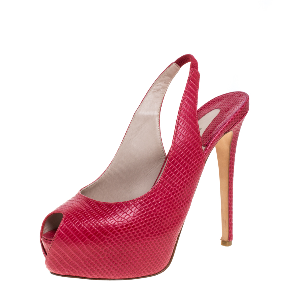 luxury-women-le-silla-used-shoes-p368679-007 Le Silla Red Lizard Embossed Leather Slingback Platform Sandals Size 39