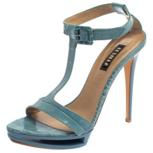 Le Silla Blue Croc Embossed Leather Embossed T-Strap Platform Sandals Size 37