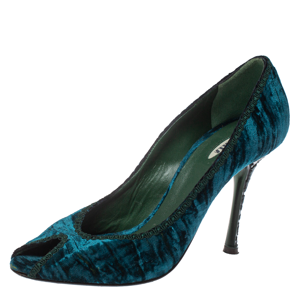 luxury-women-le-silla-used-shoes-p382632-003 Le Silla Blue/Green Velvet Peep Toe Pumps Size 37