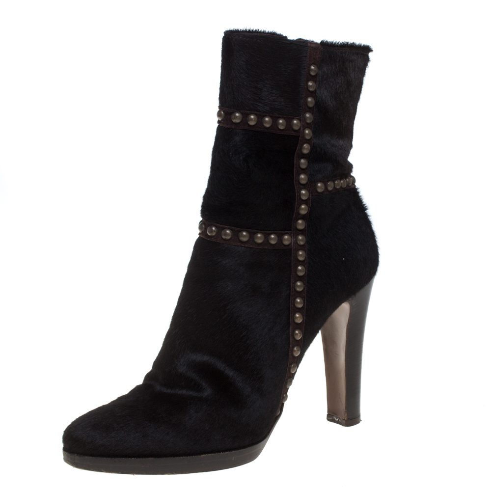 luxury-women-le-silla-used-shoes-p386034-005 Le Silla Brown Calf Hair Studded Studded Ankle Boots Size 37