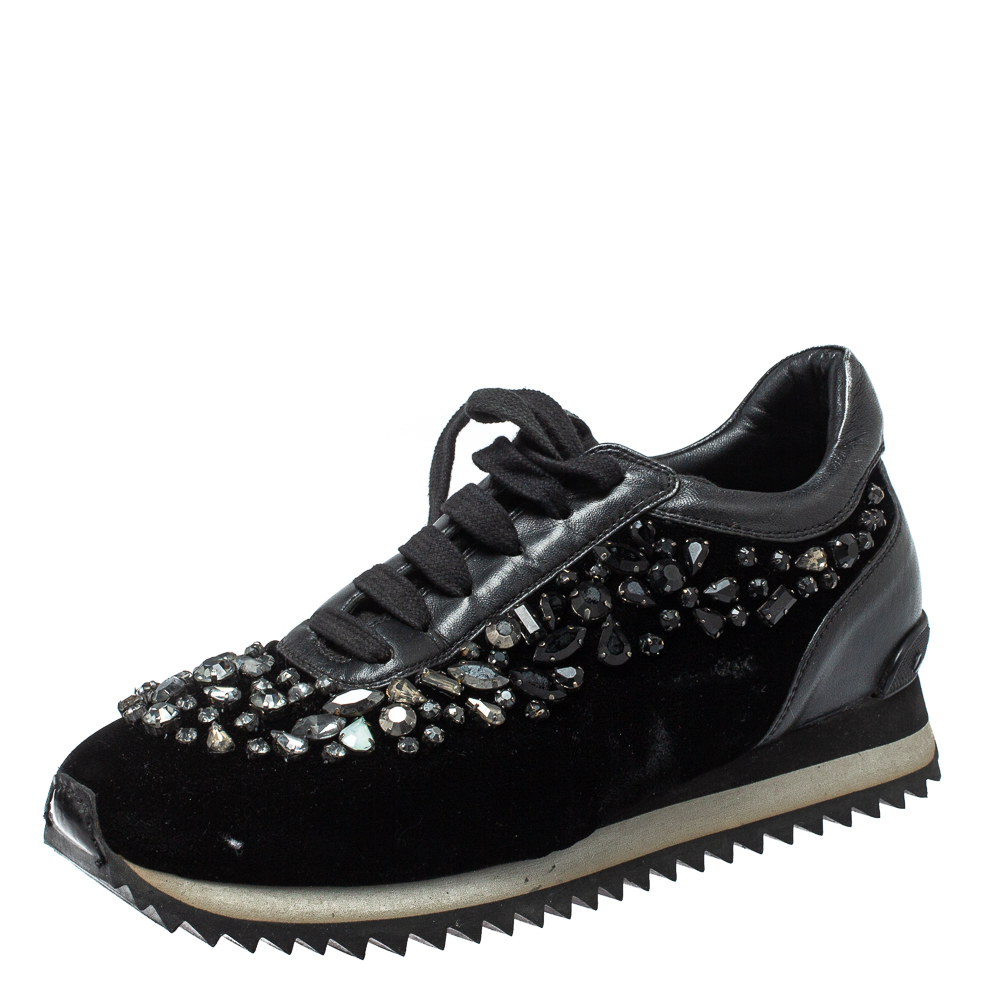 luxury-women-le-silla-used-shoes-p387810-003 Le Silla Black Velvet and Leather Crystal Embellished Low Top Sneakers Size 36.5