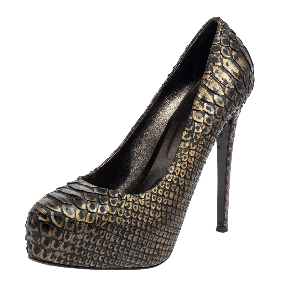 luxury-women-le-silla-used-shoes-p404375-002 Le Silla Dark Green/Gold Python Leather Platform Pumps Size 39